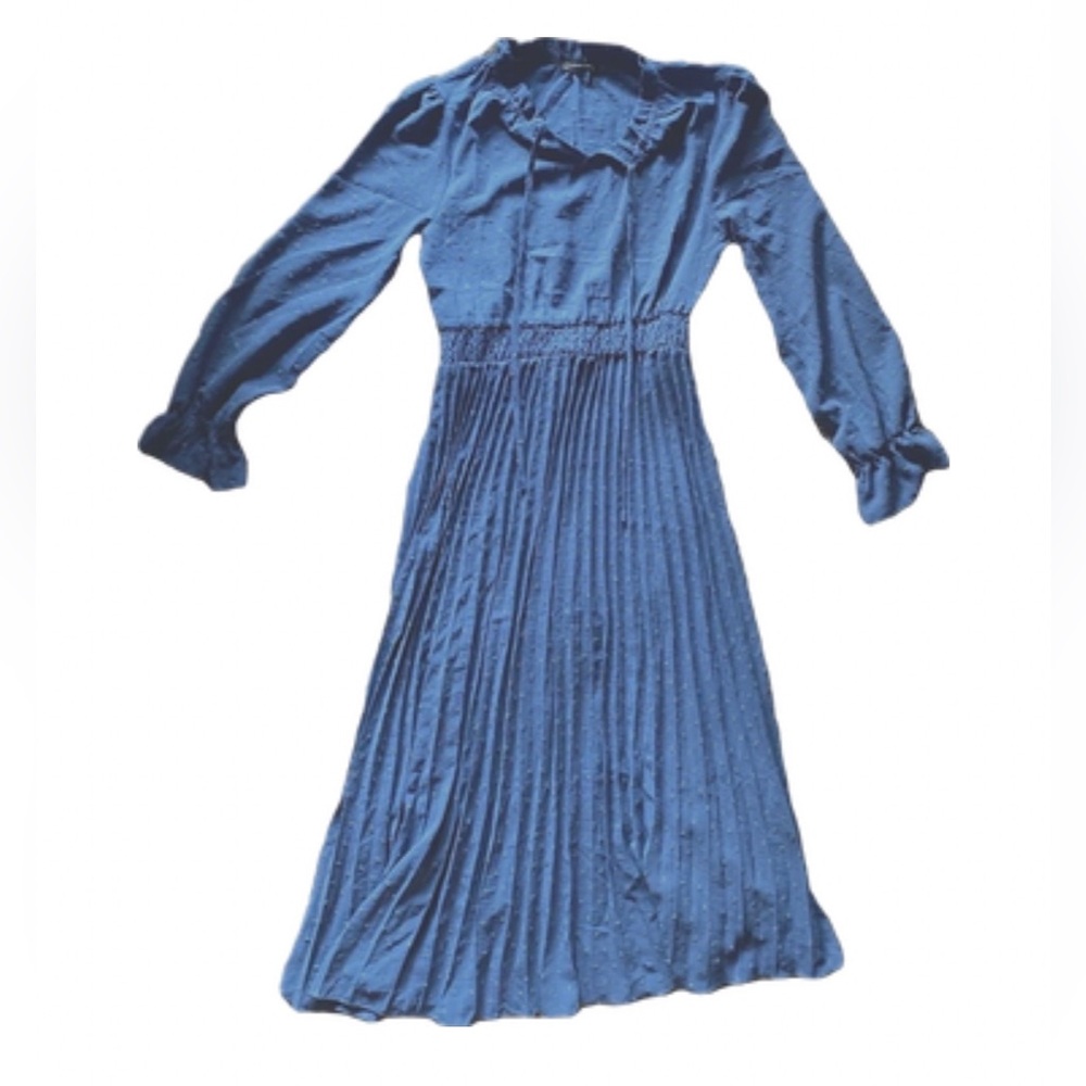 Peasant Cottagecore Boho Dress Blue Swiss Dot Stretchy Long Sleeve Tie Neck